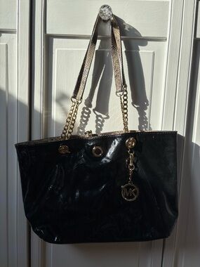 Michael Kors Black Patent Tote with Gold-Tone Chain Detail